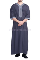 Men's Moroccan Thoube with Exquisite Embroidery Blue Grey