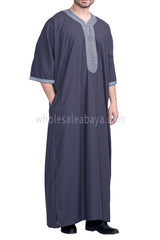 Men's Moroccan Thoube with Exquisite Embroidery Blue Grey