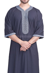 Men's Moroccan Thoube with Exquisite Embroidery Blue Grey