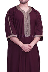 Men's Moroccan Thoube with Exquisite Embroidery Burgundy