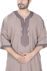 Men's Moroccan Thoube with Exquisite Embroidery Beige